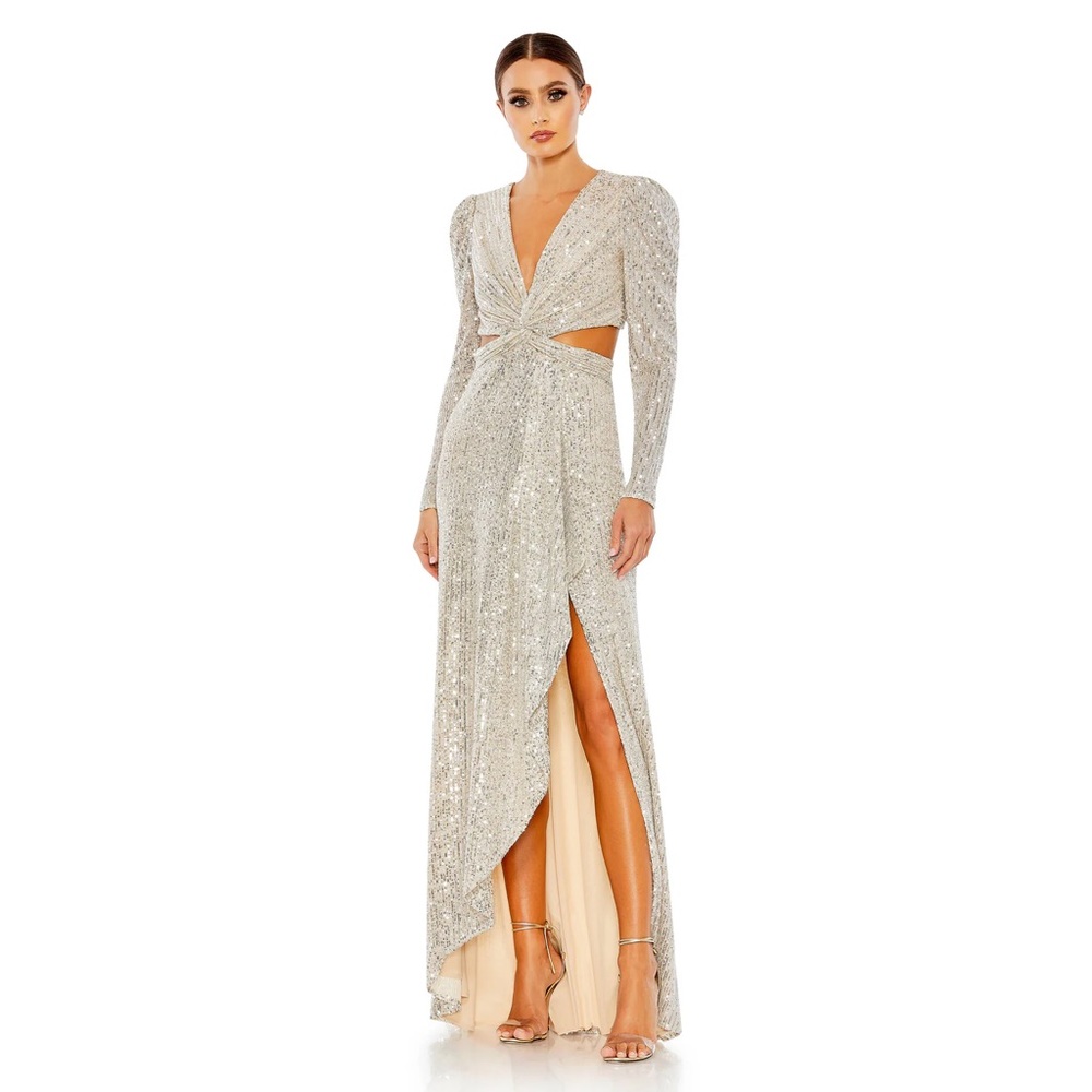NWT Mac Duggal 26739 Elegant Silver Nude Evening Gown - SZ 16